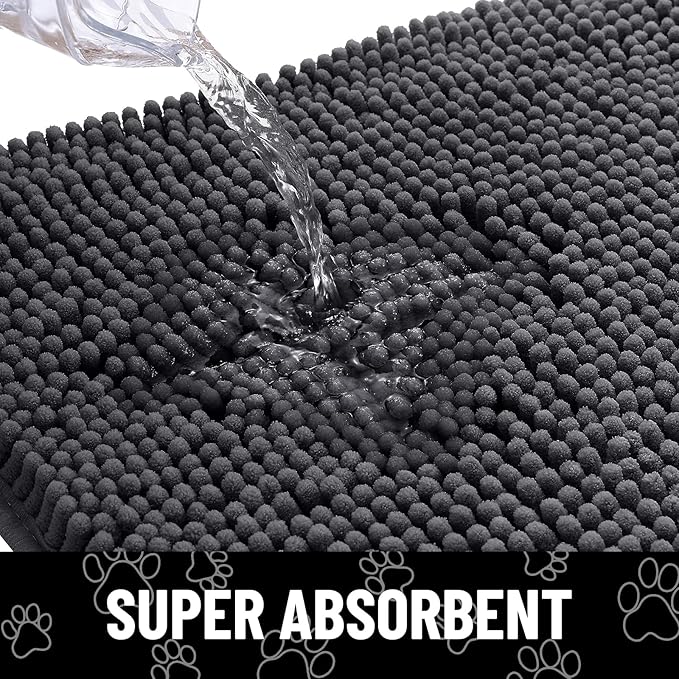 Smiry Dog Door Mat for Muddy Paws, Absorbent Dirt Trapper Non Slip Quick Dry Washable Chenille Mat for Mud Dogs, Entry Rug for Indoor and Outdoor (70x24 Inches, Dark Grey and White)