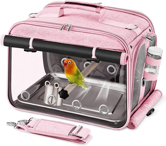 Suertree Bird Carrier Airline Approved, Bird Travel Cage with Indestructible Stainless Steel Mesh, Bird Travel Bag Lightweight and Portable with Water Bottle and Bowl