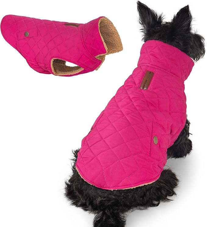 azuza Dog Jacket Waterproof & Windproof Dog Coat for Small Dogs with Thick Fleece, High Collar with Leash Hole, Adjustable Velcro & Elastic Belly, Rose Red XL