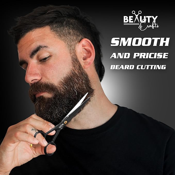 5'' German Beard Mustache Scissor- 2 Mustache Combs for Facial Hair with Beautiful Pouch -Beard Trimming Scissors for Grooming, Cutting, and Styling of Mustache (Black with Folding Comb)