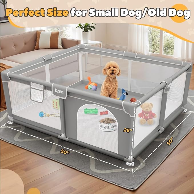 50x50x26 Inches Puppy Playpen with Gate, Dog Playpen for Puppies or Small Dogs, Sturdy Safety Dog Fence Pet Playpen with Thickened Fabric, High-Strength Nylon Wire Mesh for Indoor & Outdoor,Washable