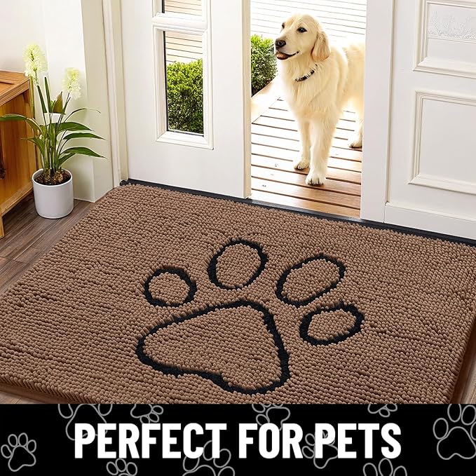 Smiry Dog Door Mat for Muddy Paws, Absorbent Dirt Trapper Non Slip Quick Dry Washable Chenille Mat for Mud Dogs, Entry Rug for Indoor and Outdoor (30x20 Inches, Coffee)