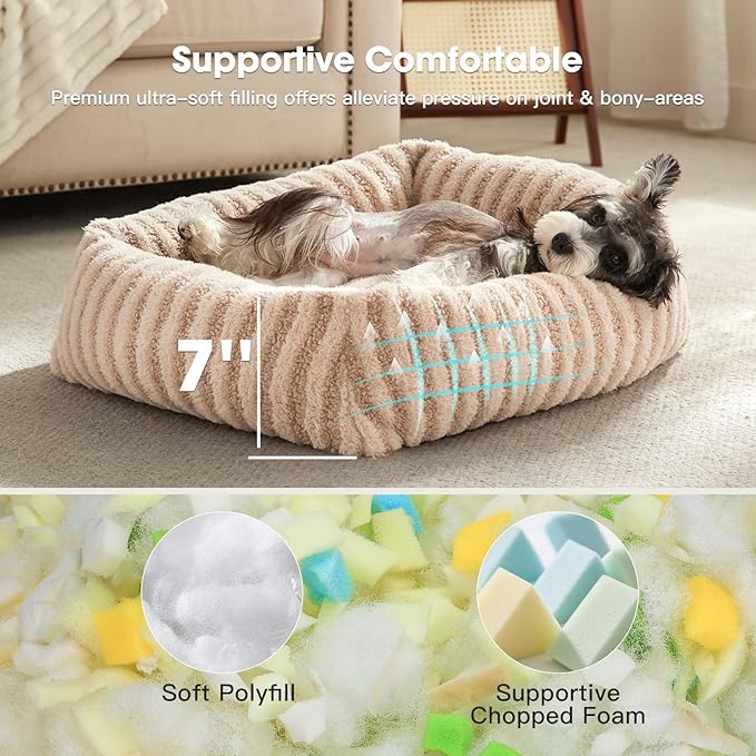MIXJOY Dog Bed for Medium Small Size Dog, Washable Medium Dogs Bed with Removable Cover, Rectangle Doggy Ded Fluffy Plush Faux Fur Pet Bed with Anti-Slip Bottom, 25"x21"x7", Beige