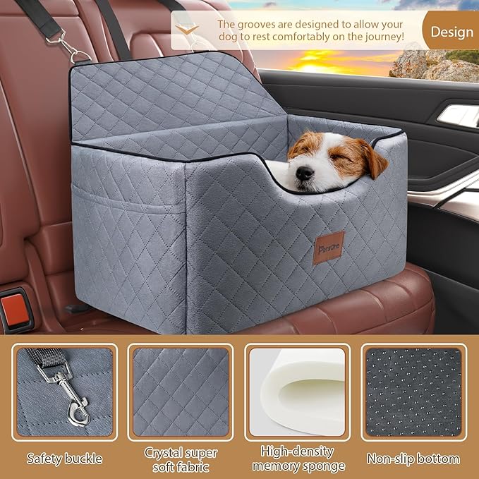 Dog Car Seat for Large-Medium Dogs: Pet Car Seat, Detachable Washable Dog Booster Seat, Pet Travel Bed with Storage Pockets and Dogs Safety Belt (Grey, Large)