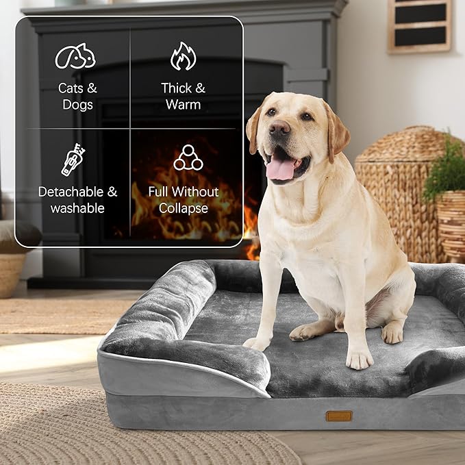 Orthopedic Dog Bed with Sides - Dog Sofa Beds for Extra Large Dogs, Supportive Foam Pet Couch Bed with Washable Removable Cover, Waterproof Lining and Non-Slip Bottom, Grey - XL-Plus