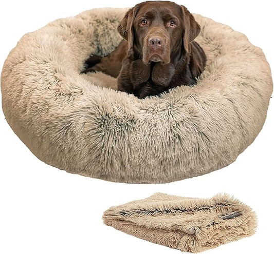 Best Friends by Sheri Bundle Set The Original Calming Shag Donut Cuddler Cat and Dog Bed + Pet Throw Blanket, Taupe, Large, 36x36