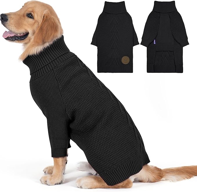 cyeollo Warm Stretchy Sweaters for Medium to Large Dogs Boy & Girl, Pullover Knitted Thermal Winter Big Dog Clothes with Sleeves Turtleneck Pet Beagle Border Collie Apparel, Black XXL