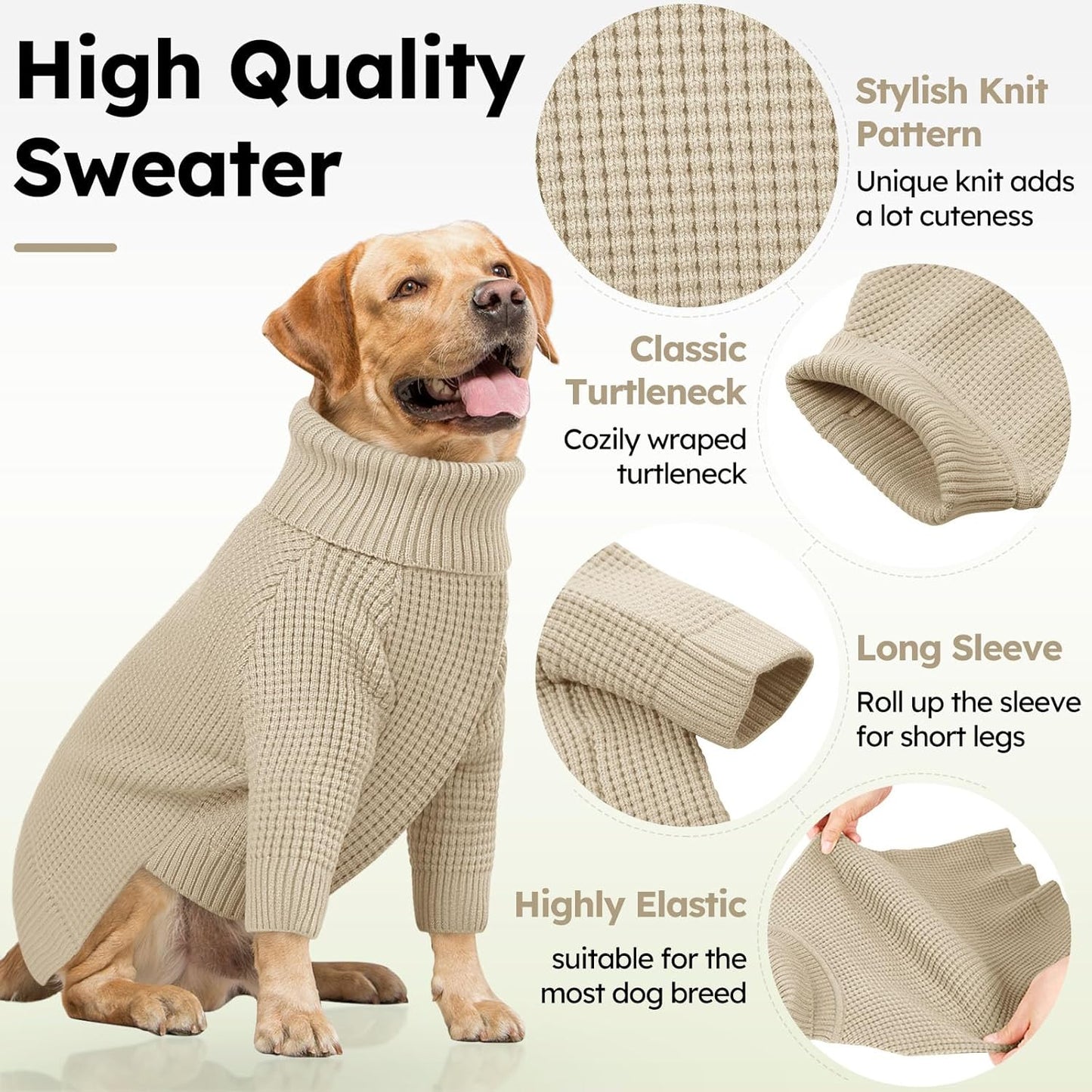 Queenmore Dog Sweaters for Small Dogs Male, Turtleneck Fall Pet Sweaters, Waffle KnitSweater for Doggie, Cat Sweater Puppy Coat, Apricot XS