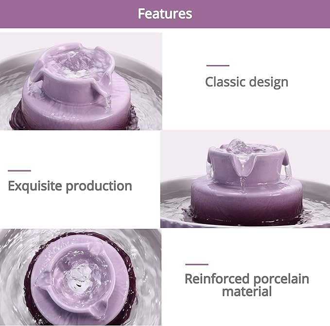 Ceramic Cat Water Fountain, 2.1L/71oz Cupcake Cat Fountain for Dog and Cat Indoor, 2 Ultra Quiet Pumps(Purple)
