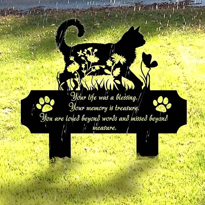 Cat Grave Marker Outdoor Memorial – 12in Metal Pet Memorial Plaque with Garden Cat Silhouette, Weatherproof Headstone for Yard or Indoor Tribute, Sympathy Gift for Loss of Cat