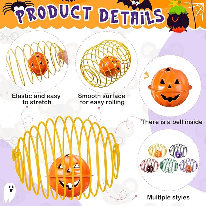 Jecery 5 Pcs Halloween Cat Spring Balls Toys Stretchable Rolling Balls Colorful Playful Coils Interactive Spring Action Toy Caged Rats for Kitten Cat Pet Supplies(Bell,Halloween Colors,5 Pcs)