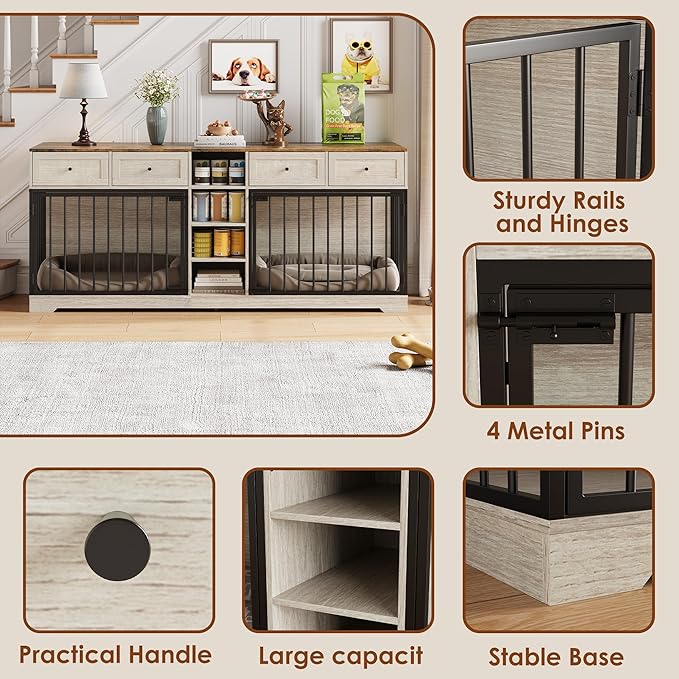 GarveeHome 82" Double Dog Crate Furniture, Large Dog Kennel Indoor for 2 Dogs, Heavy Duty Wooden Dog Crate TV Stand with 4 Drawers and Shelves, Washed White