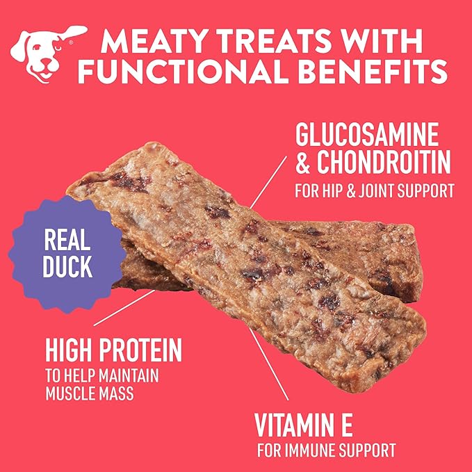 DOGSWELL Hip & Joint Dog Treats 100% Meaty, Grain Free, Glucosamine Chondroitin & Omega 3, Duck Soft Strips 10 oz