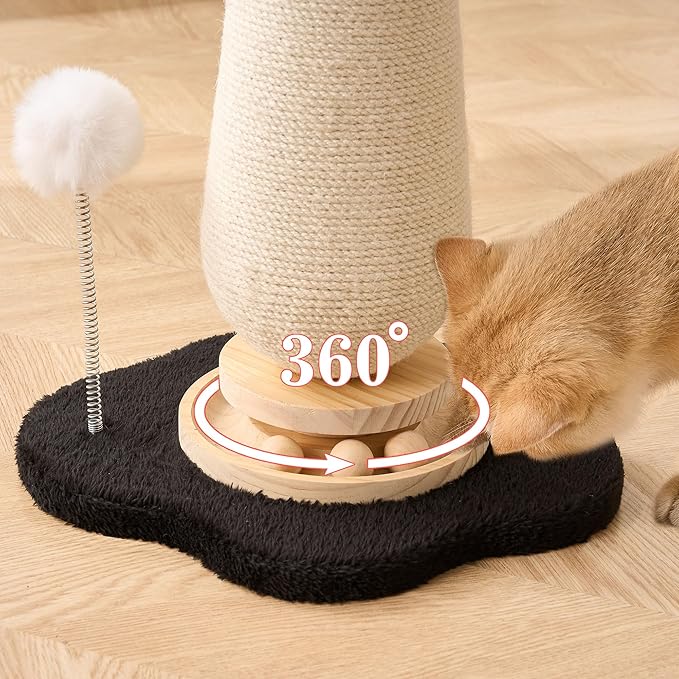21.5‘’ H Cat Scratching Post with Catnip,Cute Mushroom Cat Scratcher Post with Durable Natural Solid Wood Turntable Toy, Solid Black Mushroom Shape Cat Toy Cat Sisal Scratcher for Indoor Cats