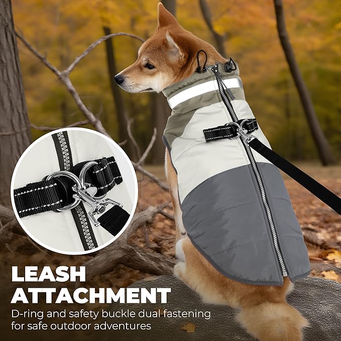 Dog Coats for Medium Dogs, Waterproof Dog Winter Jacket with Harness Built in, Cold Weather Coats, Reflective Zip-up Pet Vest, Warm Fleece Lined Dogs Snowsuit, Grey X-Large