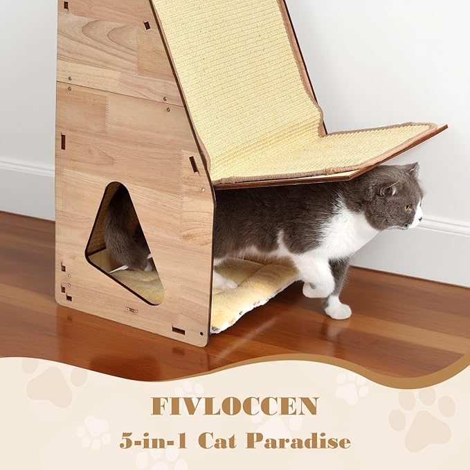 large Cat Scratching Post with Bed: Modern Sisal Cat Scratcher & Wood Frame, Integrated Cat Scratch Pad Post Condo Tunnel. All-in-One Space Saver for Multi-Cat & Budget-Friendly Homes (32in)