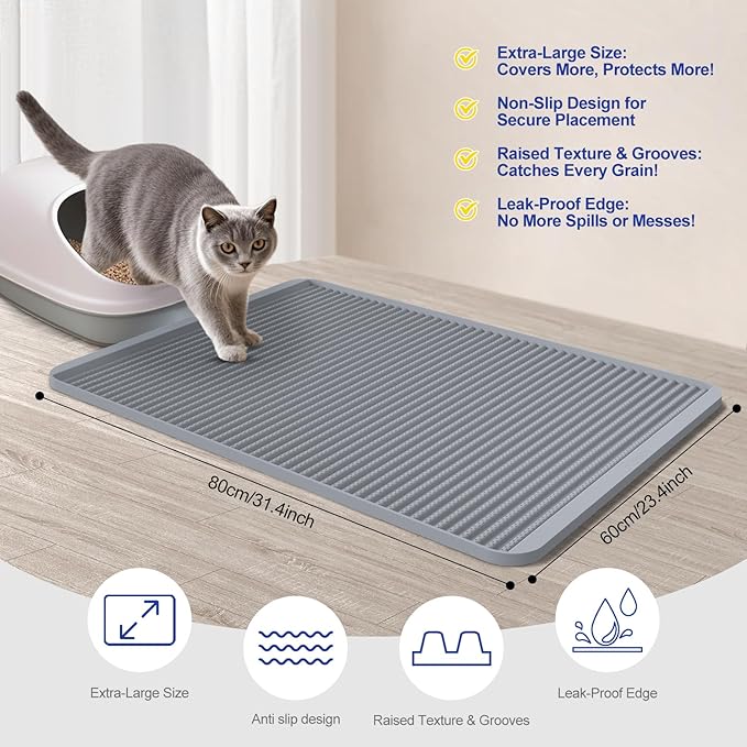 Silicone Cat Litter Mat - 31' x 23' Waterproof Large Kitty Mat, Non-Slip, Durable, Easy Clean & Washable Cat Litter Tray Mat for Scatter Control