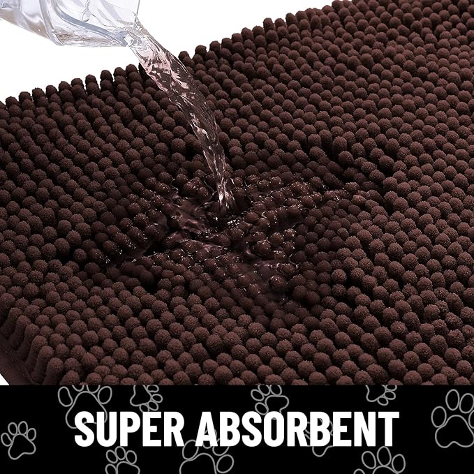 Smiry Dog Door Mat for Muddy Paws, Absorbent Dirt Trapper Non Slip Quick Dry Washable Chenille Mat for Mud Dogs, Entry Rug for Indoor and Outdoor (59x35 Inches, Brown and White)