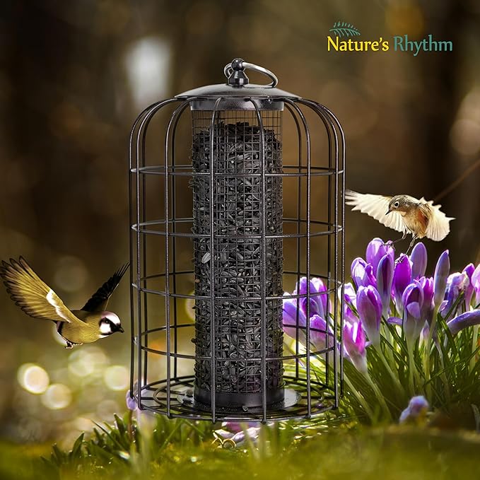 Nature's Rhythm Outdoor Hanging Bird Feeder Cage Mesh Tube Squirrel Proof Wild Bird Feeder with Large Metal Seed Guard Deterrent Green
