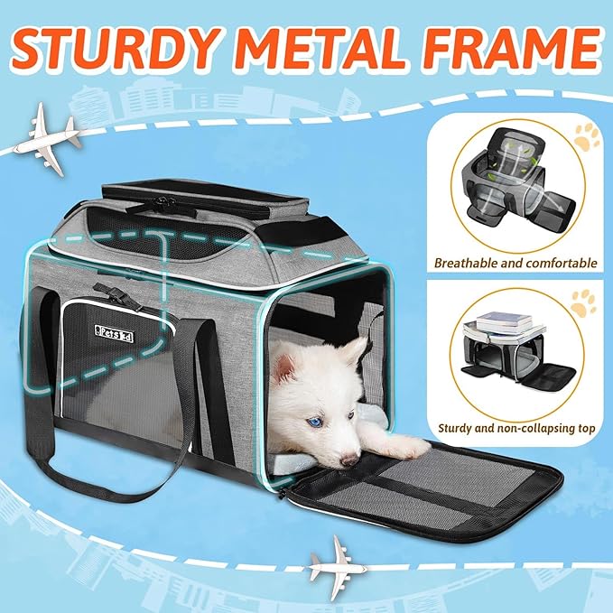 Petskd Top-Expandable Pet Carrier 17x12x8.5 Inches JetBlue Allegiant Spirit Airline Approved, Soft-Sided Carrier for Small Cats and Dogs with Locking Safety Zippers and Anti-Scratch Mesh(Grey)