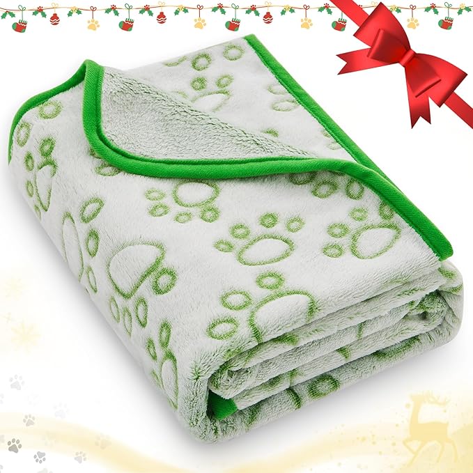Green Soft Puppy Blanket, with Flannel Green Cute Paw Print, 24 * 32 inches, Cat Blanket Puppy Pads Supplies Dog Products Stuff Essentials