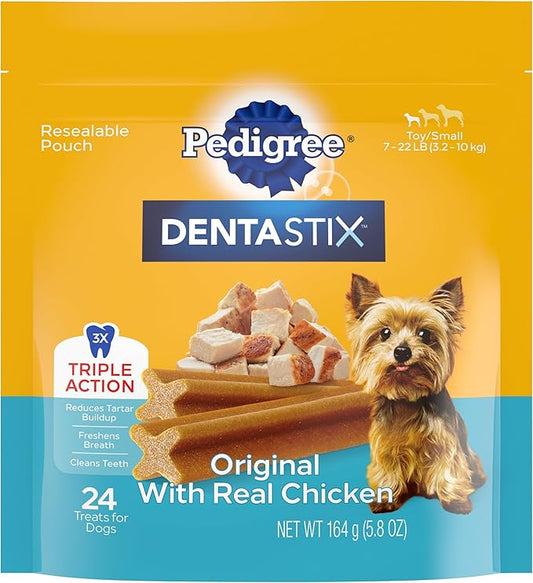 Pedigree Dentastix Small and Toy Breed Dog Treats, Original with Real Chicken, (7) 24ct Bags (168 Treats Total)