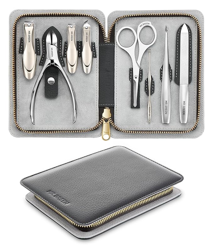 MR.GREEN 8-in-1 Manicure Set– Professional German Stainless Steel Nail Care Kit with Splash-Proof Nail Clippers, Toenail Clippers, Cuticle Tools, Travel Grooming Kit for Men & Women with Leather Case