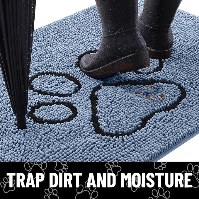 Smiry Dog Door Mat for Muddy Paws, Absorbent Dirt Trapper Non Slip Quick Dry Washable Chenille Mat for Mud Dogs, Entry Rug for Indoor and Outdoor (30x20 Inches, Airy Blue and Black)