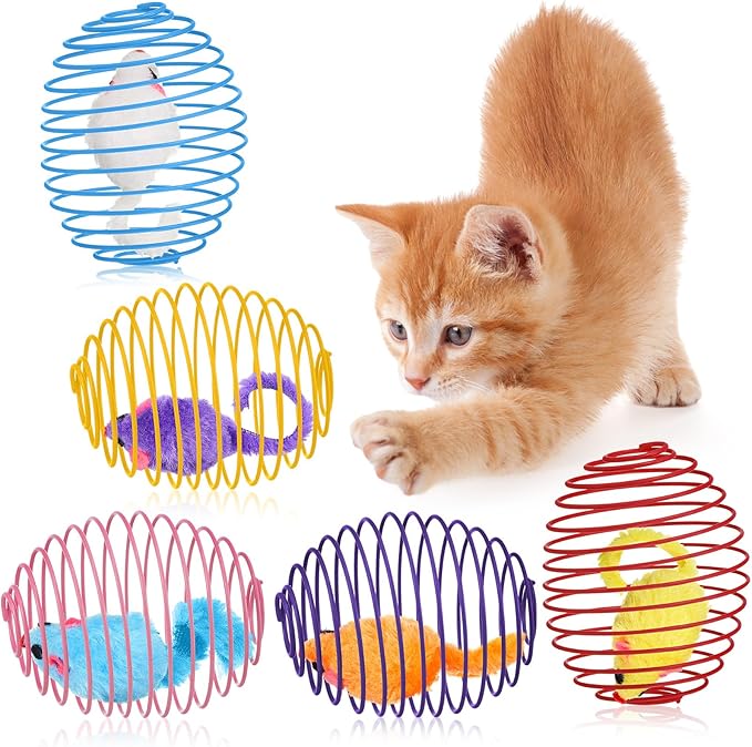 Jecery 5 Pcs Cat Spring Balls Stretchable Springs Toys Rolling Balls Colorful Playful Coils Interactive Spring Action Toy Caged Rats for Kitten Cat Pet Supplies Indoor (Mouse,Multicolor)