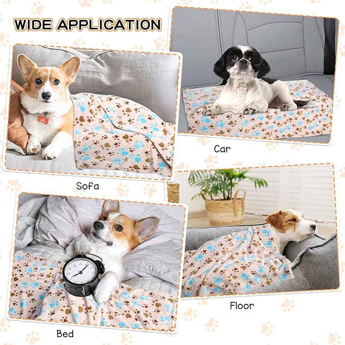 Rezutan Dog Blanket for Large Dogs, Upgraded 3 Pack Dog Cat Flannel Blankets Washable, Soft Pet Mat Throw Cover Suitable for Kennel Crate Bed, Cute Paw Pattern, Beige, 31" x 41"