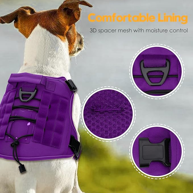 Heavy-Duty Tactical Dog Harness for Large Dogs, No Pull Adjustable Reflective Pet Vest with Molle System, K9 Military-Grade Control for Service Training, Outdoor & 10+ Breeds, Purple, X-Large