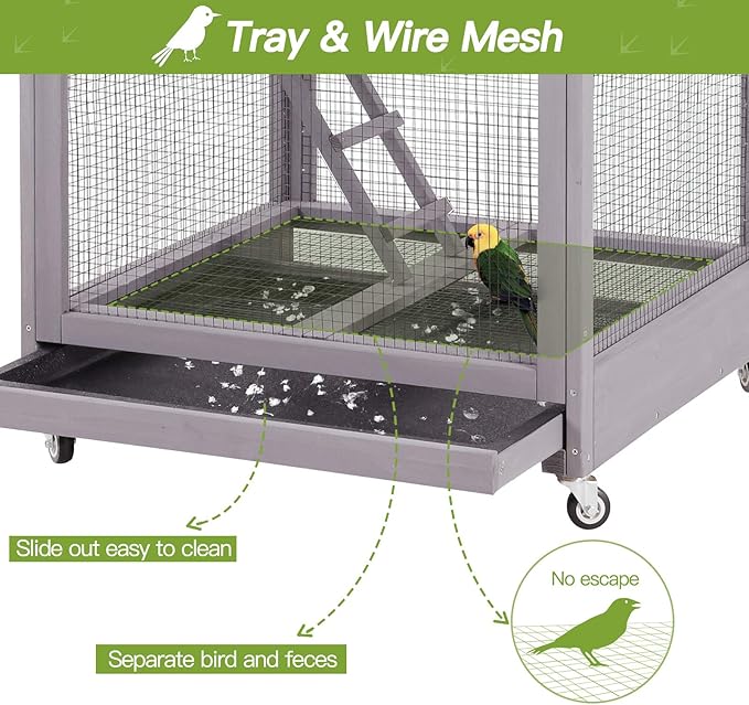 GUTINNEEN Outdoor Bird Aviary Wooden Large Bird Cage on Wheels, Featuring Play Stand, Perches, Nest Habitat, Include Wire Mesh Above Bottom Tray Easy to Clean