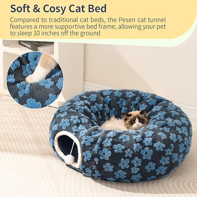 Pesen Cat Tunnel Bed with Soft Cushion, Cat Toys for Indoor Cats Enhance Bonding Between Pets and Owners, Encourage Exploration, and Satisfy Natural Instincts for Kittens, Dogs, and Rabbits