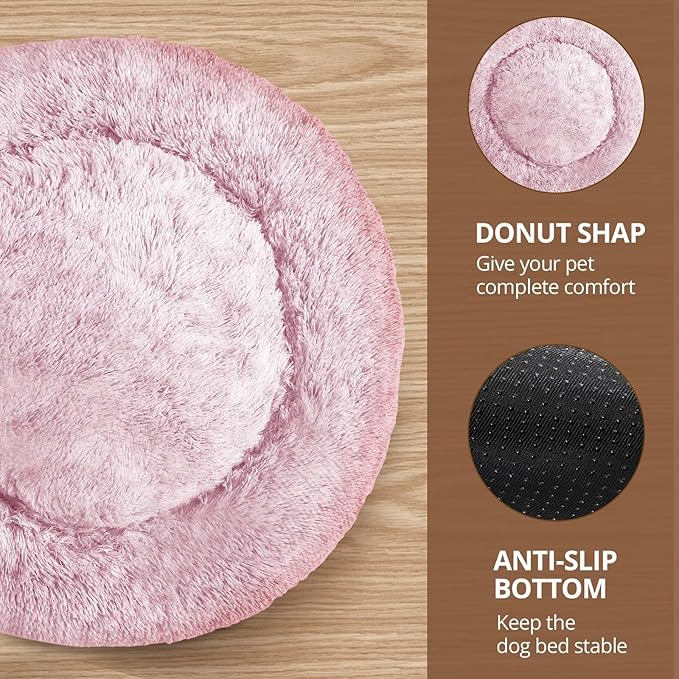 JOLLYVOGUE Medium Calming Dog Bed, Anti-Anxiety Donut Cuddler Cat Bed with Anti-Slip Bottom, Fluffy Faux Fur Machine Washable Pet Cushion for Medium Large Dog & Cat, 31"/Smoke Pink