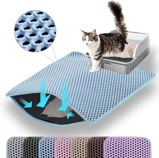 Cat Litter Mat, 24x18 Inches Large Double Layer Honeycomb Cat Litter Trapping Mat, Non Slip Waterproof Urine Proof Cat Litter Box Mat for Floor, Kitty Litter Rug, Cat Supplies, Blue