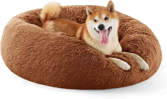 Bedsure Calming Dog Bed for Medium Dogs - Donut Washable Medium Pet Bed, 30 inches Anti-Slip Round Fluffy Plush Faux Fur Cat Bed, Fits up to 45 lbs Pets, Copper