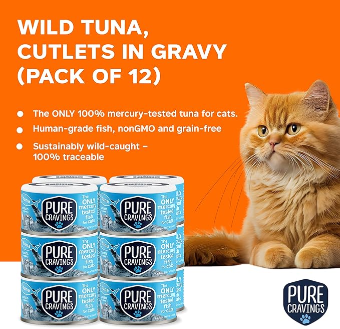 Pure Cravings Wet Cat Food Canned Tuna Cutlets in Gravy, 100% Mercury-Tested, Moist Can Fish for Cats, Grain-Free, Protein, Non-GMO, Pack of 12