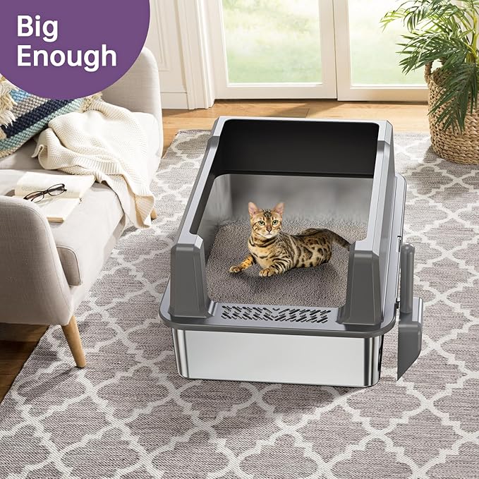 Extra Large XXL Stainless Steel Cat Litter Box with Lid, 26" L x 18" W x 12" H Metal Litter Box with Hight Sides for Big Cats & Multiple Cats, Never Absorbs Odors, Anti-Urine Leakage, Easy Cleaning