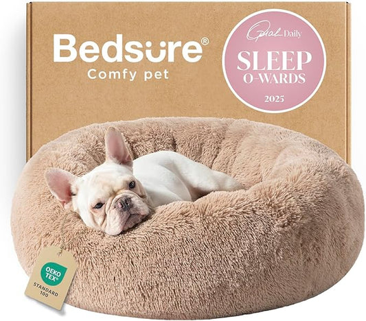 Bedsure Calming Dog Bed Medium Size Dog - Donut Washable Medium Pet Bed, 30 inches Anti-Slip Round Fluffy Plush Faux Fur Cat Bed, Fits up to 45 lbs Pets, Camel