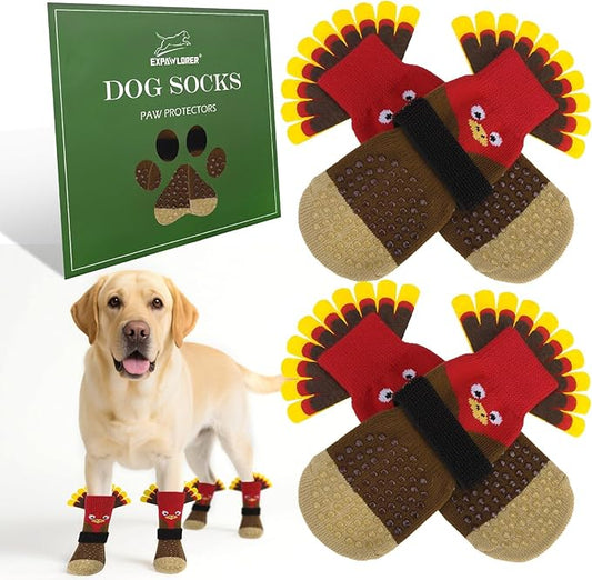 EXPAWLORER Thanksgiving Anti Slip Dog Socks to Prevent Licking Paws,Boots & Paw Protectors with Grippers,Doggie Booties for Hardwood Floors for Small Medium Large Senior Dogs Lifelike Costume Turkey L