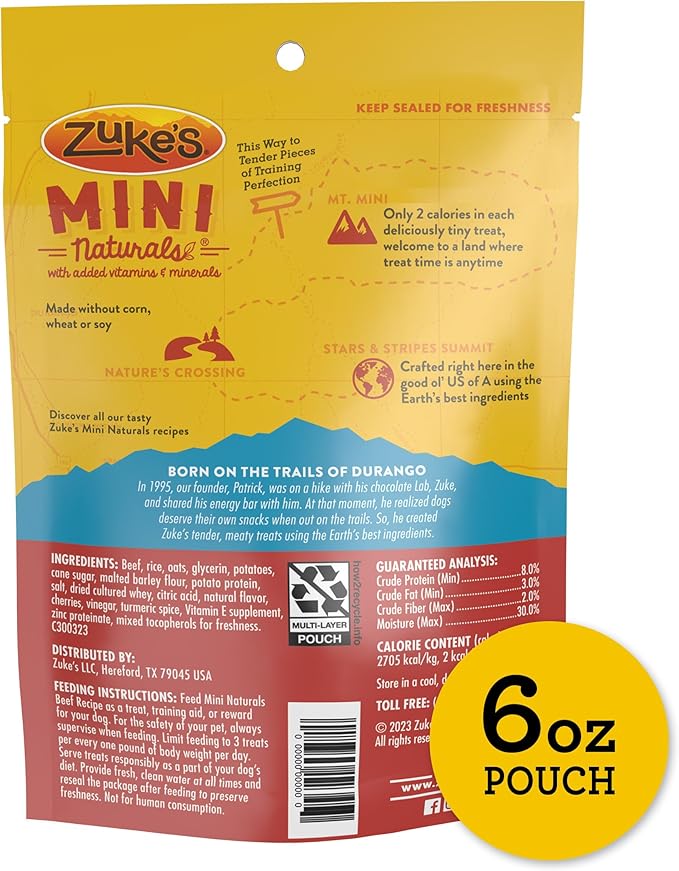 Zuke’s Mini Naturals Soft And Chewy Dog Treats For Training Pouch, Natural Treat Bites With Beef Recipe - 6 oz. Bag