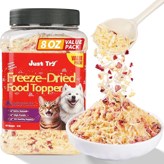 Just Try 8 OZ Cranberry Freeze Dried Cat & Dog Food Toppers Urinary Tract Cat Treats Mixers Low Calorie Chicken Egg Yolk High Protein for Kidney Bladder UT Support