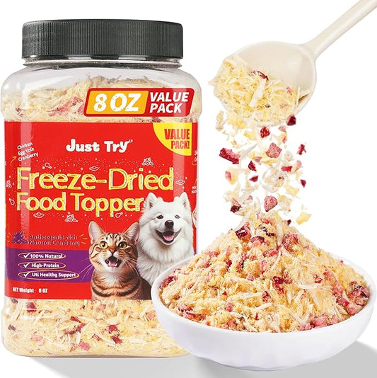 Just Try 8 OZ Cranberry Freeze Dried Cat & Dog Food Toppers Urinary Tract Cat Treats Mixers Low Calorie Chicken Egg Yolk High Protein for Kidney Bladder UT Support
