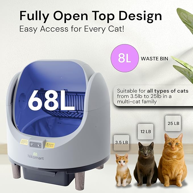Open-Top Self Cleaning Litter Box, 68L Large Capacity for Multi Cats - Automatic Litter Box New Gray Design with App Control & Fragrance Dispenser for a Fresh Home