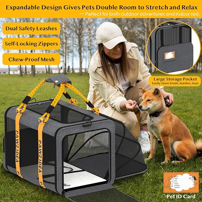 PAWZIDEA Expandable Large Pet Carrier, 24"X16"X16" Top Load Cat Carrier Bag for 2 Cats, Collapsible Dog Travel Crate for Small Medium Dog up 55lbs, Soft-Sided Car Seat Cage, XL Storage Pocket, ID Tag