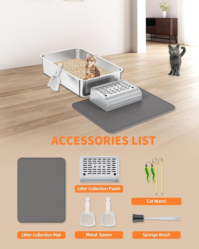 Stainless Steel Litter Box Set- [6-in-1] Large Cat Litter Box with Pedal, Mat, Scoop, Brush, Cat Wands, Non-Sticky Metal Litter Box for Cat, Kitty, Odorless, Easy Clean (23.6"x15.7"x6", 3 Pack)
