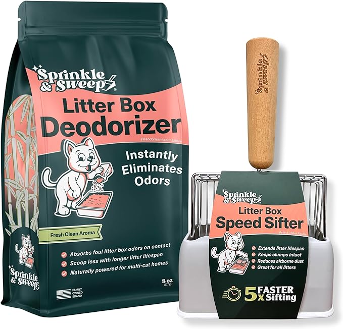Sprinkle & Sweep Litter Box Deodorizer - Cat Litter Deodorizer Non Toxic and Safe for Kittens - Instantly Eliminates Foul Smells and Urine Odors (1 Bag + Speed Sifter)