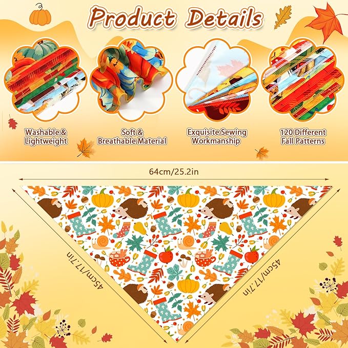 120 Pcs Fall Dog Bandanas Bulk Adjustable Dog Scarves Pumpkin Puppy Bandanas Autumn Pet Neckerchief Washable Holiday Fall Bandana for Small Medium Large Dog Pet Grooming Accessories