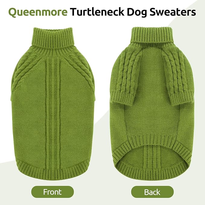 Queenmore Dog Sweater, Knit Turtleneck Long Sleeve Pet Sweater for Winter, Soft Warm Pullover with Stylish Patterns, Comfortable Cozy Dog Clothes for Small Dogs Puppy Chihuahua Yorkie (Green,XS)