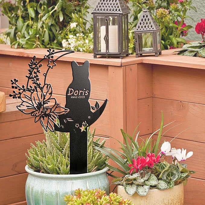 Custom Cat Grave Marker Cat Burial Stake, Personalized Butterfly Flowers Cat Memorial Garden Stake, Metal Cat Memorial Plaque for Outdoors, Customized Pet Headstone